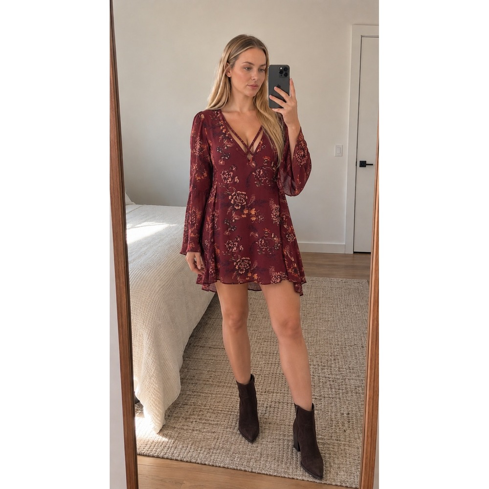 Free People Tree Swing Tunic Dress M Burgundy Floral Crisscross Bell Sleeve Boho